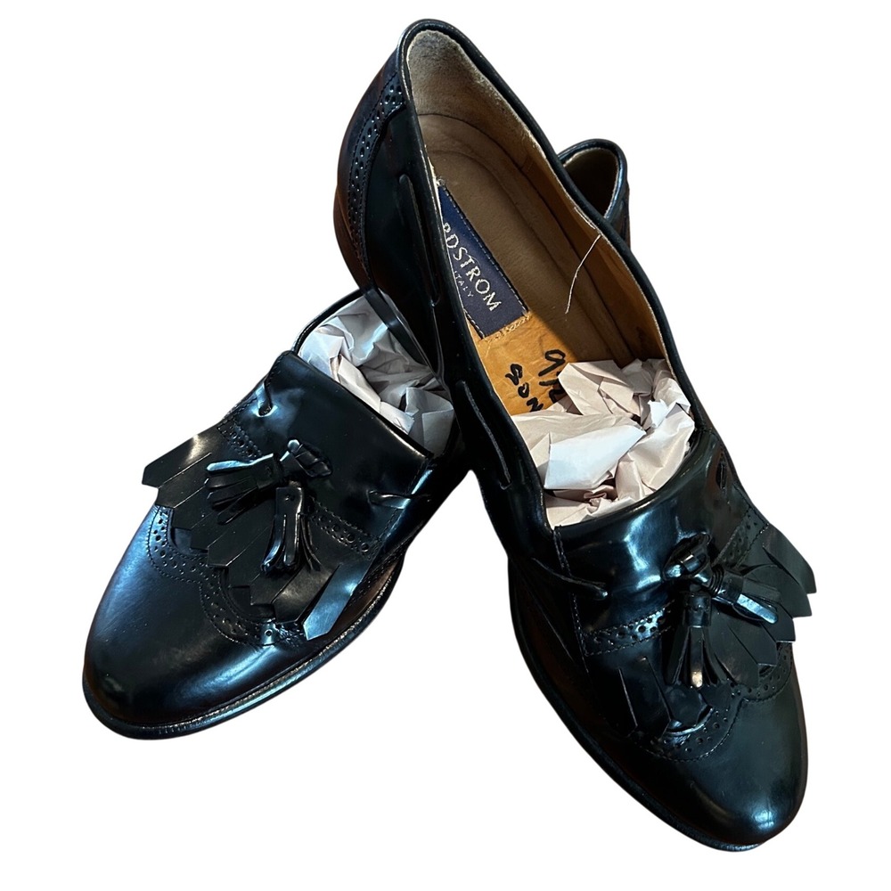 Nordstrom Italy Men 9.5 Black Leather Wingtip Kiltie Tassel Loafers SONY